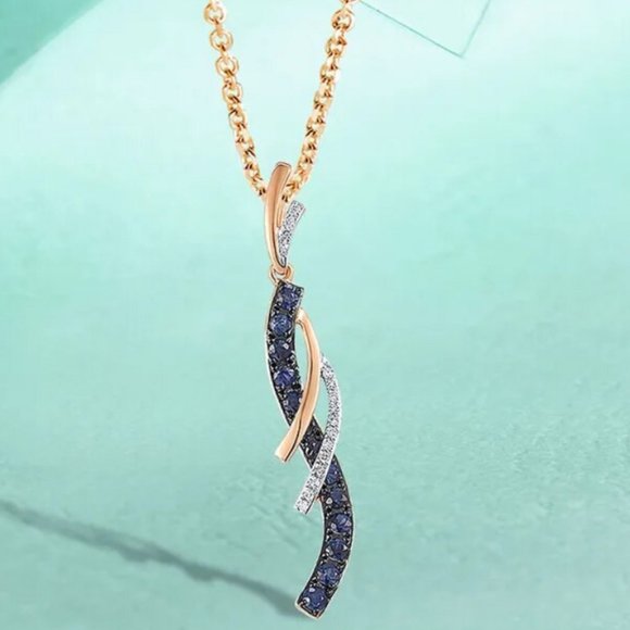 14k Rose Gold 585 Sapphire and Diamond Dangle Necklace and Pendant - Picture 1 of 1